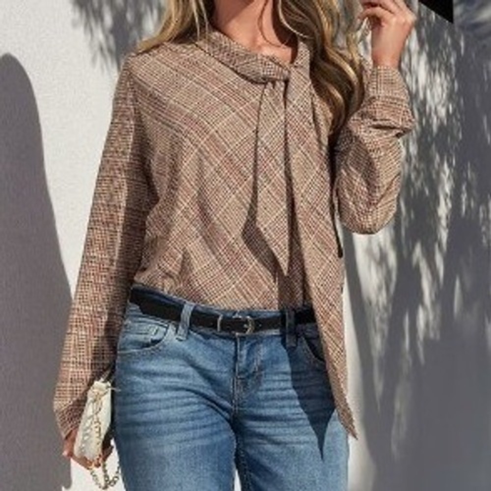 Plaid Tie-Neck Long Sleeve Blouse - Brown
